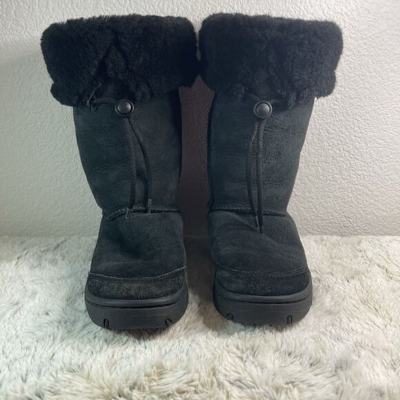 UGG Tall Winter Boots Size 7 EU 38 Black Leather Sheepskin - Picture 2 of 6